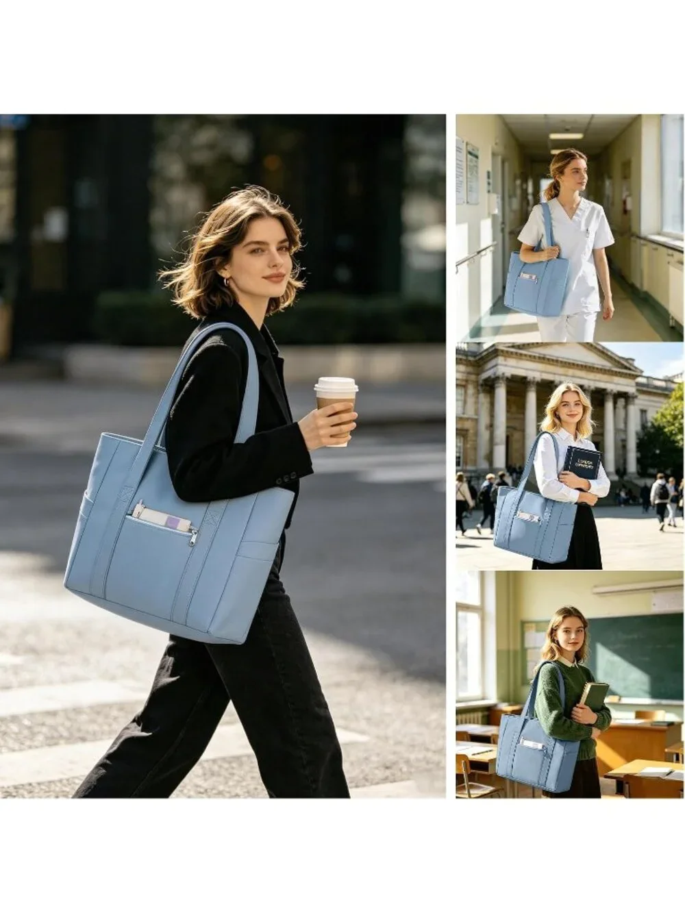 👜Women's Blue Nylon Large Tote Bag With Zipper 15.6 Laptop Sleeve Work Bag